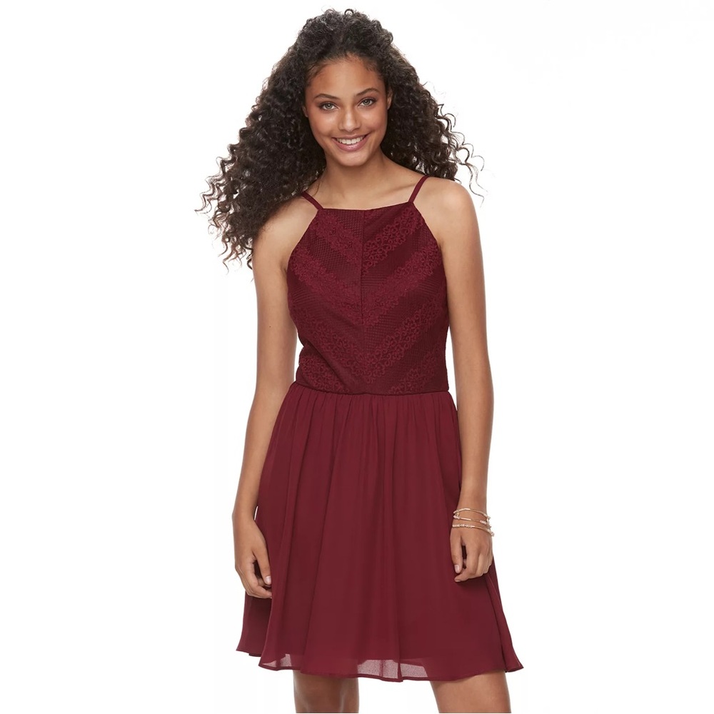 Lily Rose Burgundy Lace and Chiffon Mini Dress Size Large